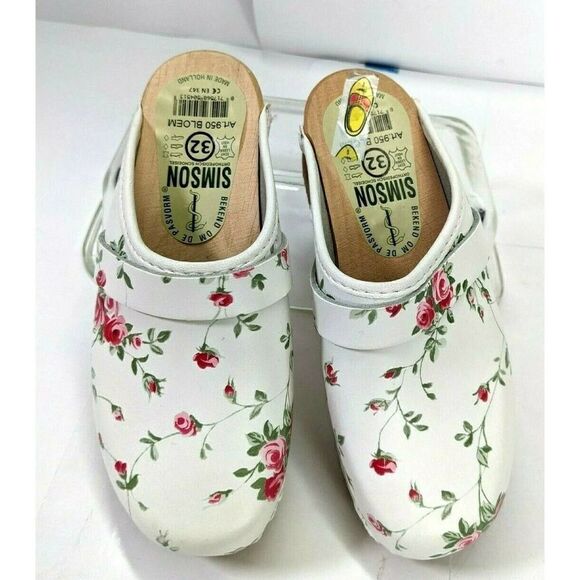 Holland Simson Girls Floral Leather Clogs 2 3 US Size 32 EU Fleuriste Pink White - Picture 3 of 11